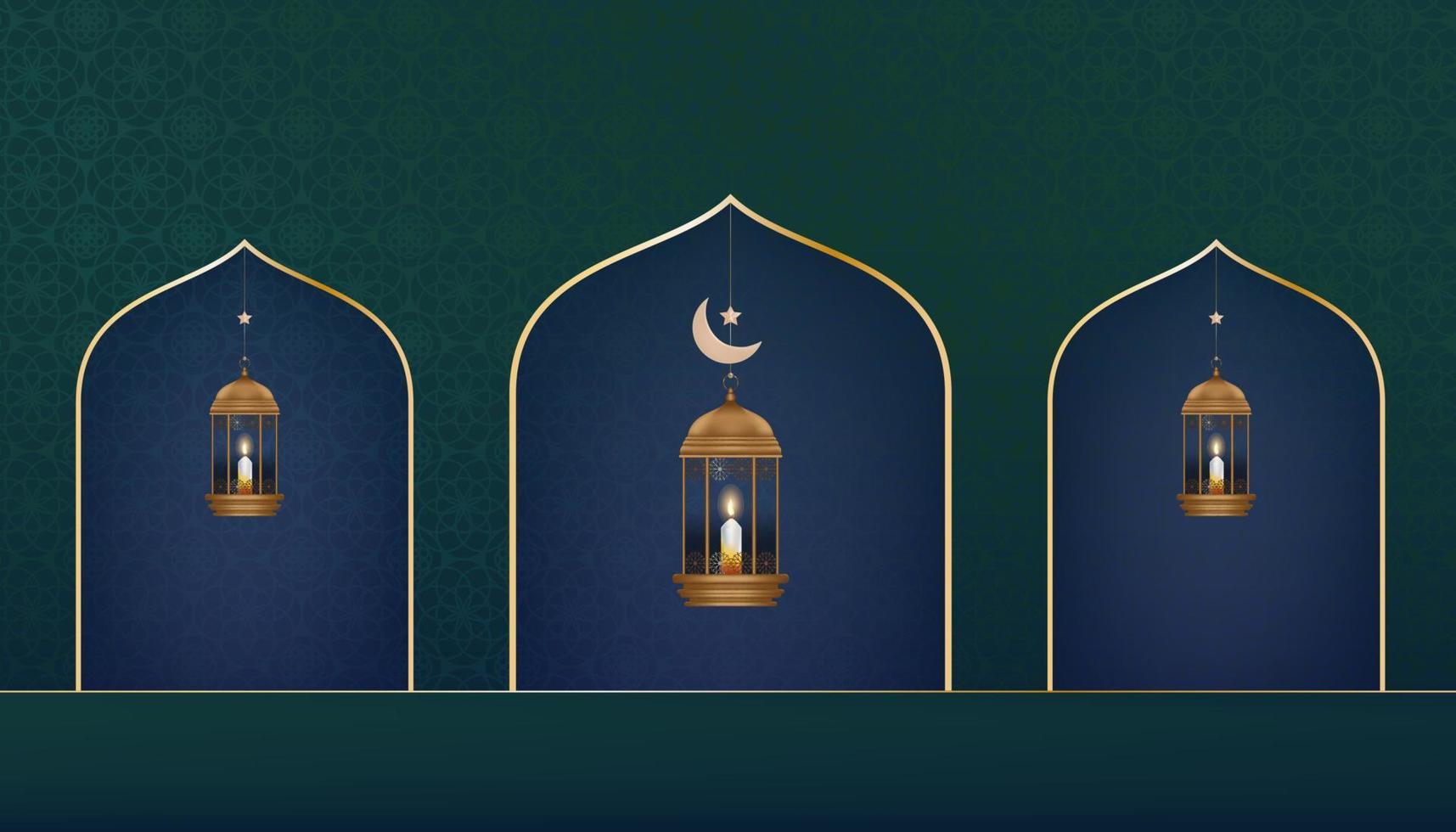 fondo islámico con linterna tradicional con luna creciente, estrella colgando sobre fondo verde, telón de fondo vectorial de la religión musulmana simbólica, eid ul fitr, ramadan kareem, eid al adha, eid mubarak vector