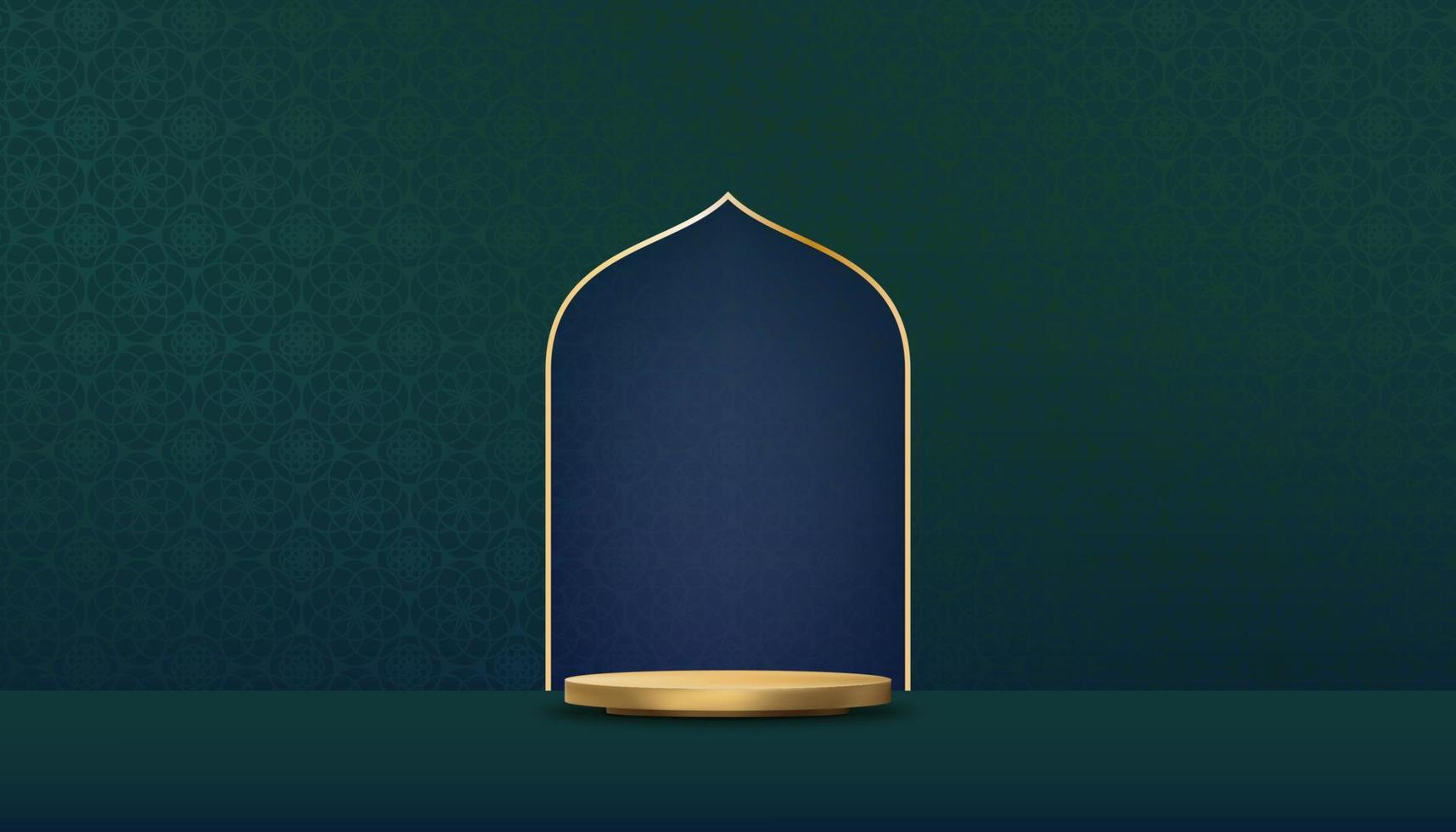 art deco islámico lunar de fondo con podio 3d, decoración de marco de oro de ventana plantilla de ornamento de fondo islam, forma geométrica de patrón árabe vectorial, motivo tradicional árabe de textura para tarjeta navideña vector