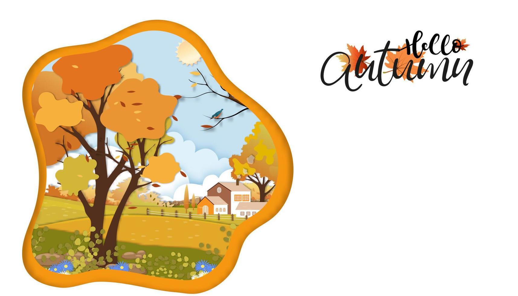 tarjeta de otoño cortada en papel de campo agrícola con nubes, fondo de cielo azul, arte de papel a mediados de otoño en el campo en el pueblo con tierra de hierba en follaje naranja, pancarta vectorial para otoño o fondo otoñal vector