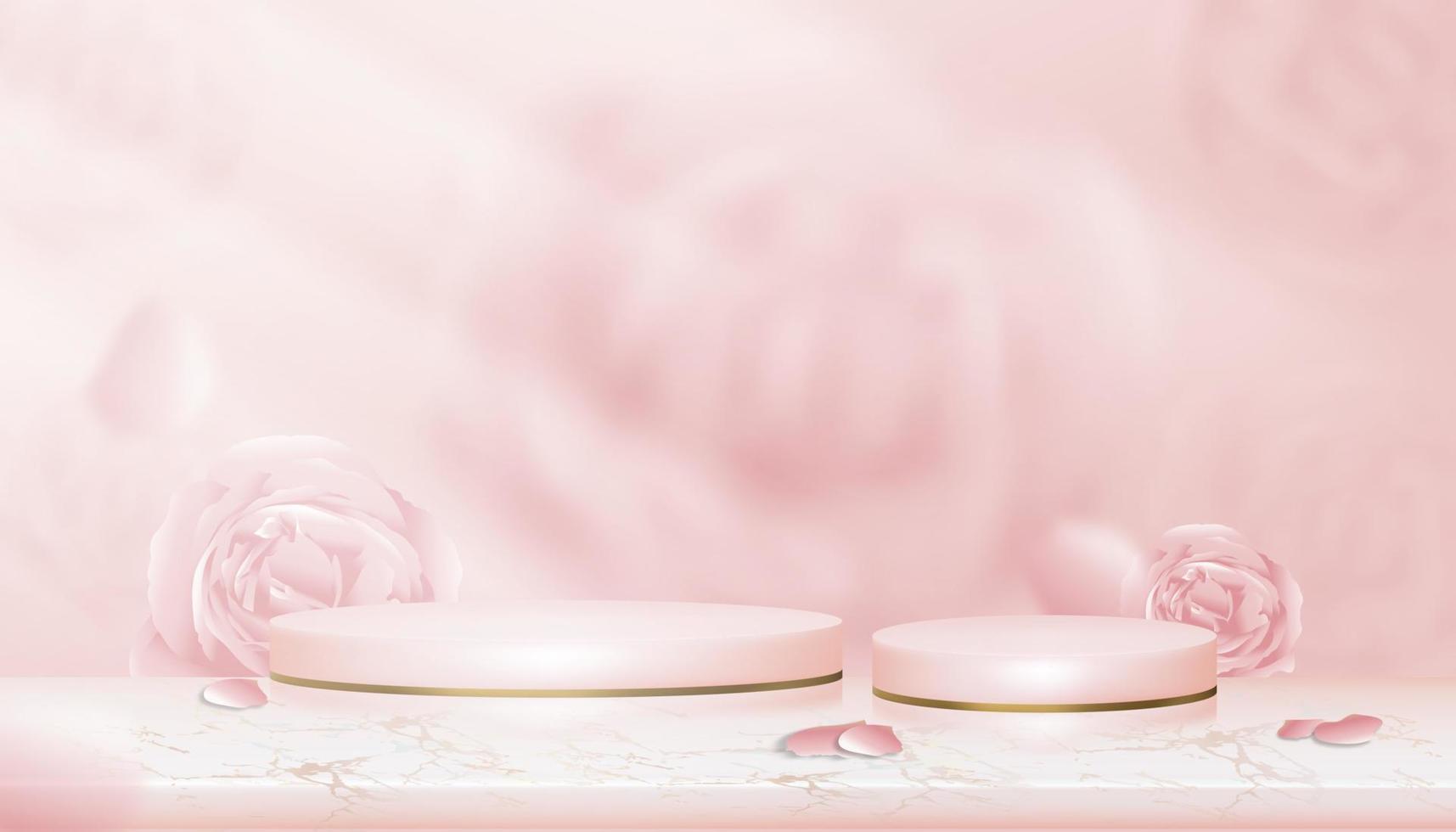 pantalla de podio rosa de la sala de estudio con fondo de rosa inglés borroso, cilindro vectorial 3d en flor de primavera borrosa, pancarta de fondo pastel rosa dulce para productos de belleza y concepto de día de San Valentín vector