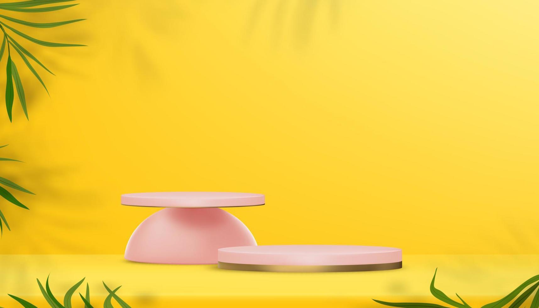sala de estudio con podio rosa con sombra de hoja de palma en el fondo de la pared amarilla, diseño de fondo vectorial 3d con marco de hojas de coco, escaparate de ilustraciones para la primavera, pancarta de verano vector