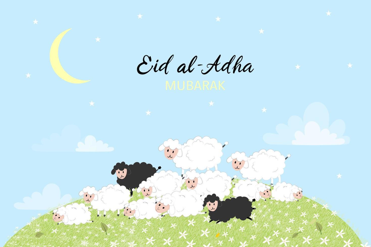 eid mubarak celebración del festival de la comunidad musulmana tarjeta de felicitación eid al adha con un carnero sacrificial, oveja blanca y negra, nube de luna creciente sobre fondo de cielo azul. vacaciones musulmanas vectoriales eid ul adha vector