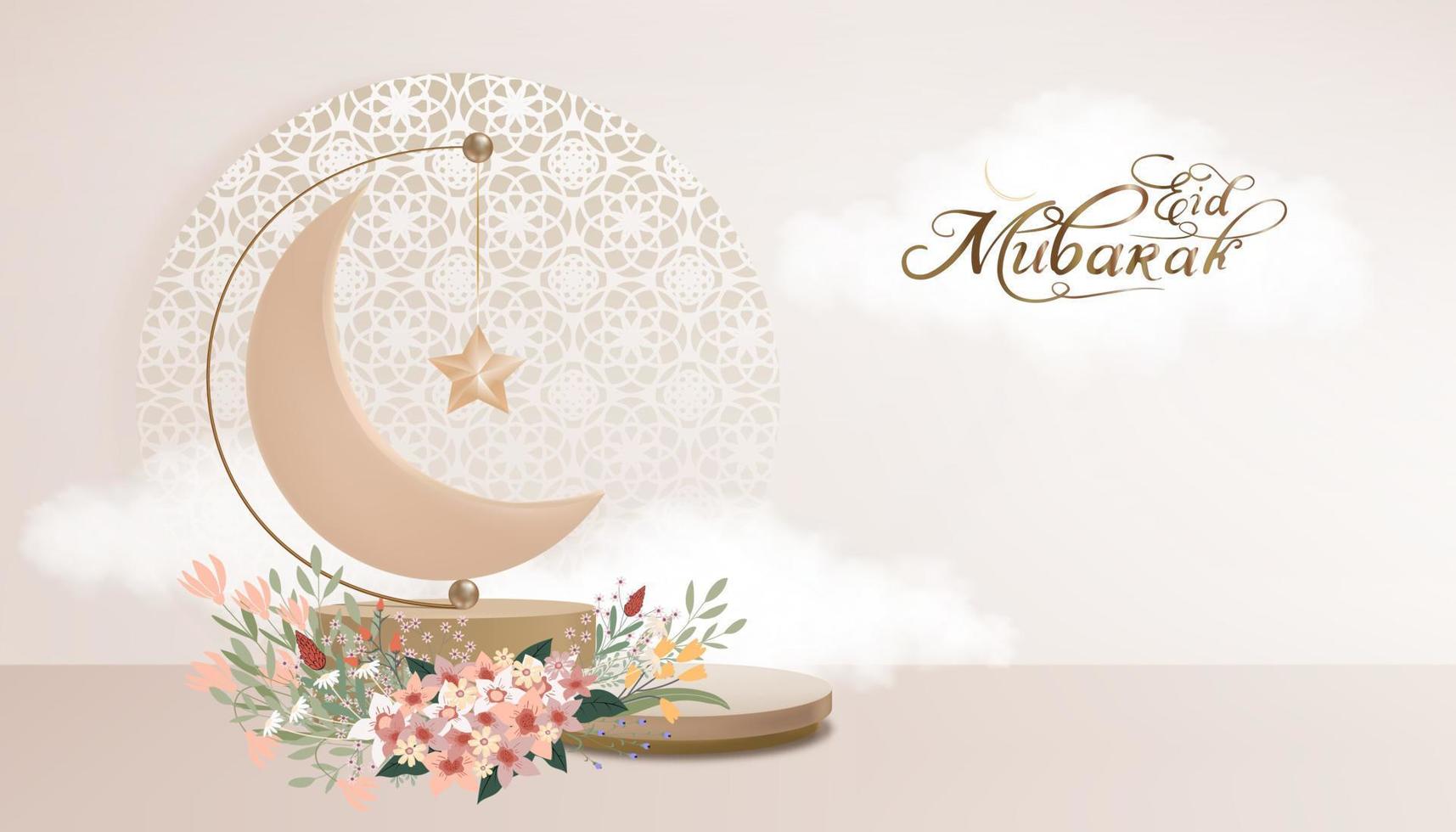 diseño de saludo de eid al adha mubarak con luna creciente y estrella colgando en el podio 3d en el cielo beige, fondo de nubes. telón de fondo vectorial de la religión islámica, musulmana simbólica para eid al fitr, ramadan kareem vector