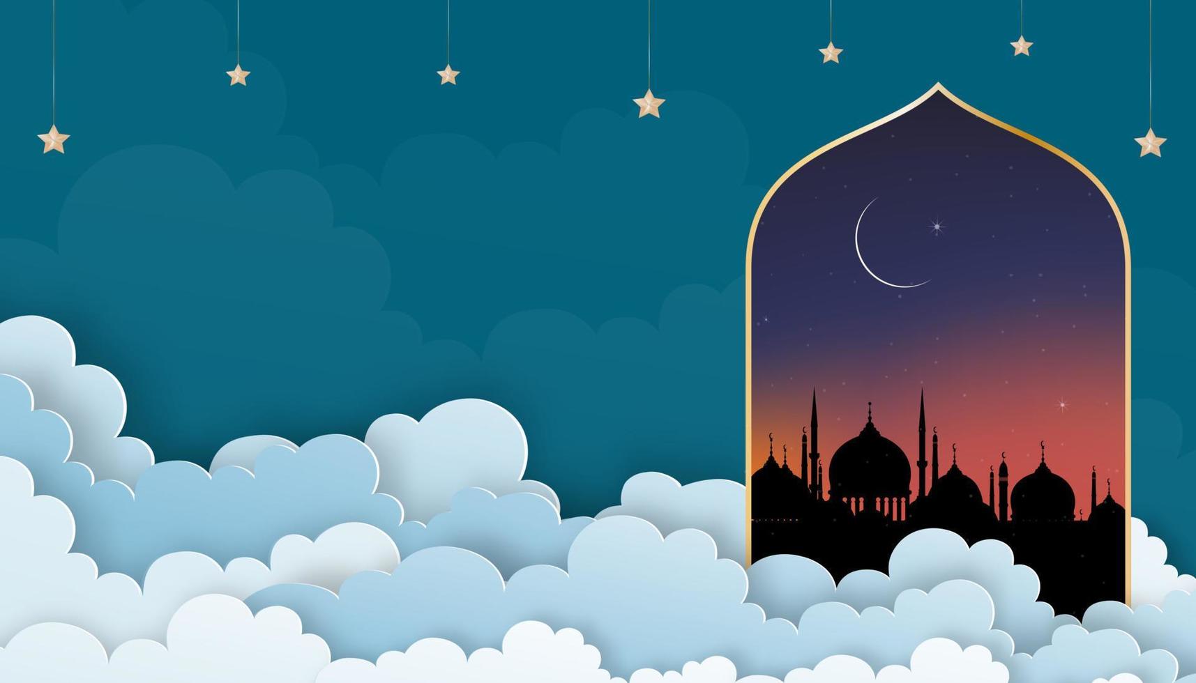 tarjeta islámica con mezquitas de cúpula de silueta, luna creciente, cielo naranja, capa de nubes vectoriales cortadas en papel 3d, pancarta de fondo del cielo para la religión islámica, eid al-adha, eid mubarak, eid al fitr, ramadan kareem vector