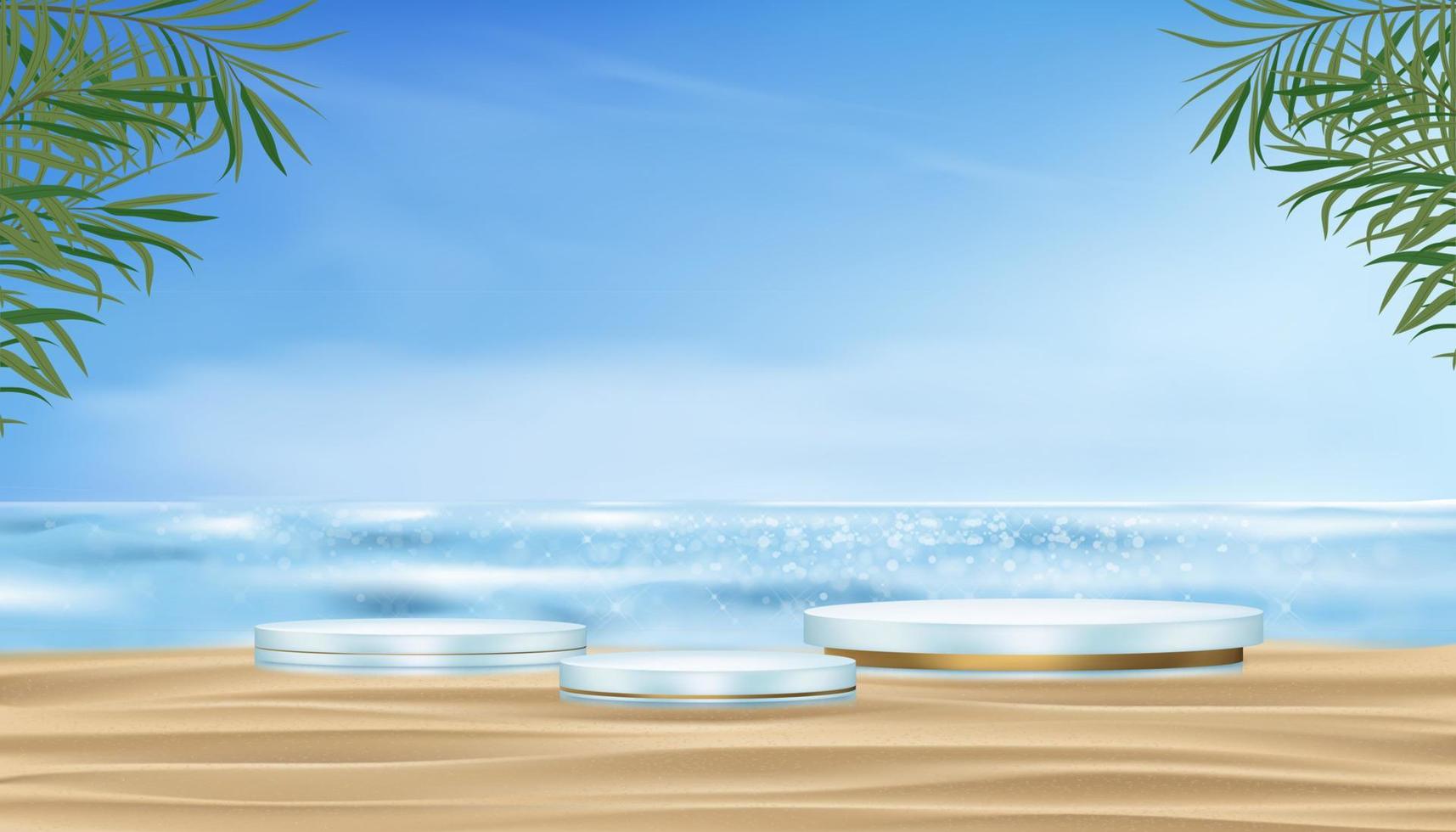 soporte de cilindro de podio de fondo en la playa de arena, cielo azul, nubes y hojas de palma de coco en el fondo de la pared, playa de mar de banner 3d vectorial, pedestal de escenario para presentación de productos cosméticos o spa en verano vector