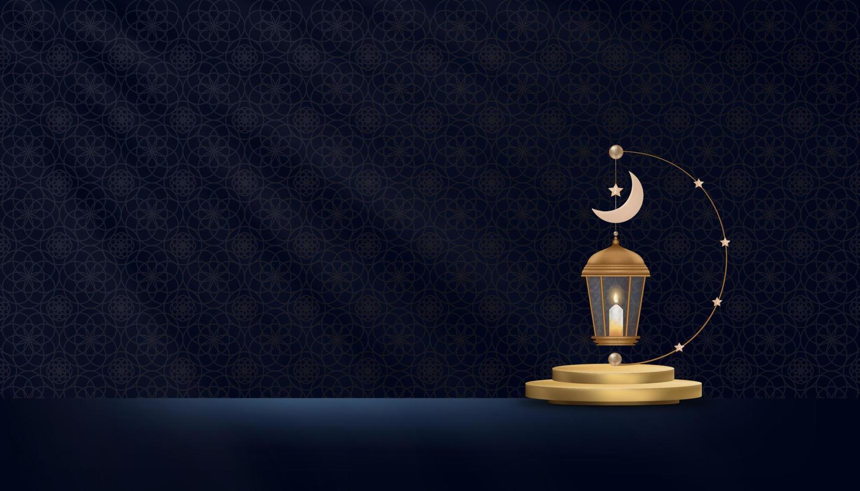 podio islámico con linterna tradicional con fondo de luna creciente en el fondo azul drak, telón de fondo vectorial de la religión musulmana simbólica, eid ul fitr, ramadan kareem, eid al adha, eid mubarak vector