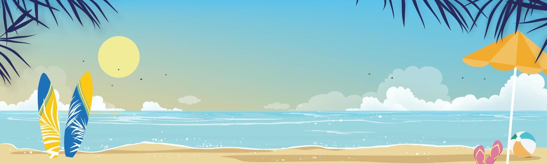 paisaje marino de océano azul y palmera de coco en la isla, playa de mar horizontal, arena con cielo azul y nube esponjosa, ilustración vectorial naturaleza hermosa del paisaje costero para el fondo de las vacaciones de verano vector