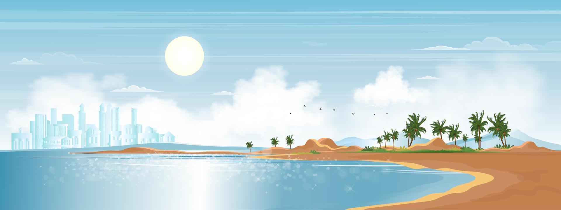 Seascape blue ocean, coconut palm tree on island on Spring, Sea beach landscape and modern buildings with sky and cloud in morning,Vector beautiful nature seaside for Summer time holiday background vector