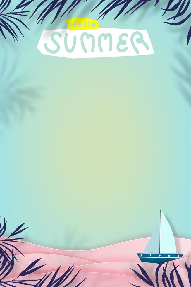 fondo de verano vacaciones en la playa tema de vacaciones en capa de onda rosa en azul marino, ilustración vectorial pancarta vertical papel cortado elementos de diseño de verano tropical, hoja de palma, sandalia, huella en la playa de arena vector