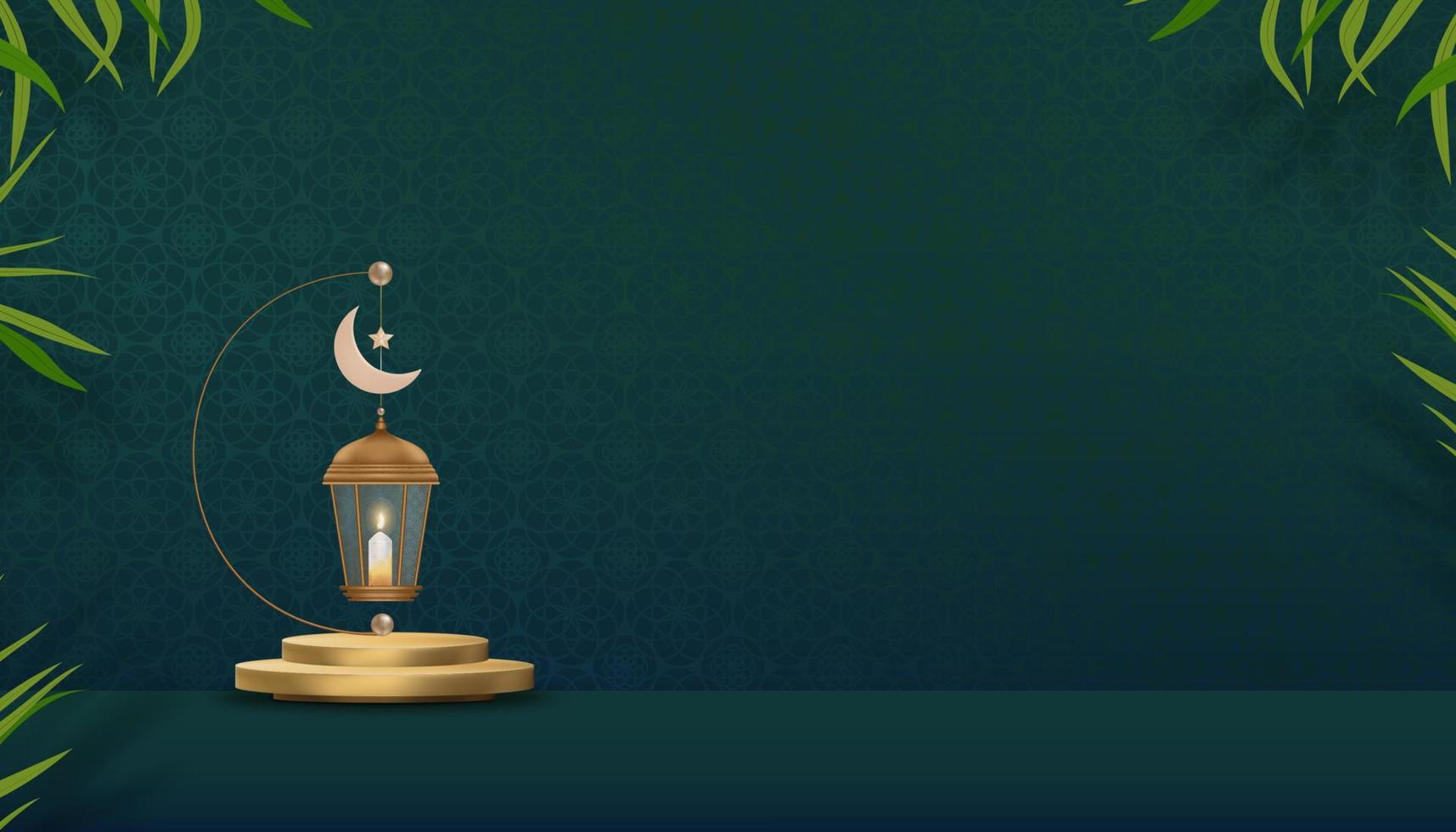 podio islámico con linterna islámica tradicional con luna creciente sobre fondo verde art déco lunar, telón de fondo vectorial de la religión musulmana simbólica, eid ul fitr, ramadan kareem, eid al adha, eid mubarak vector