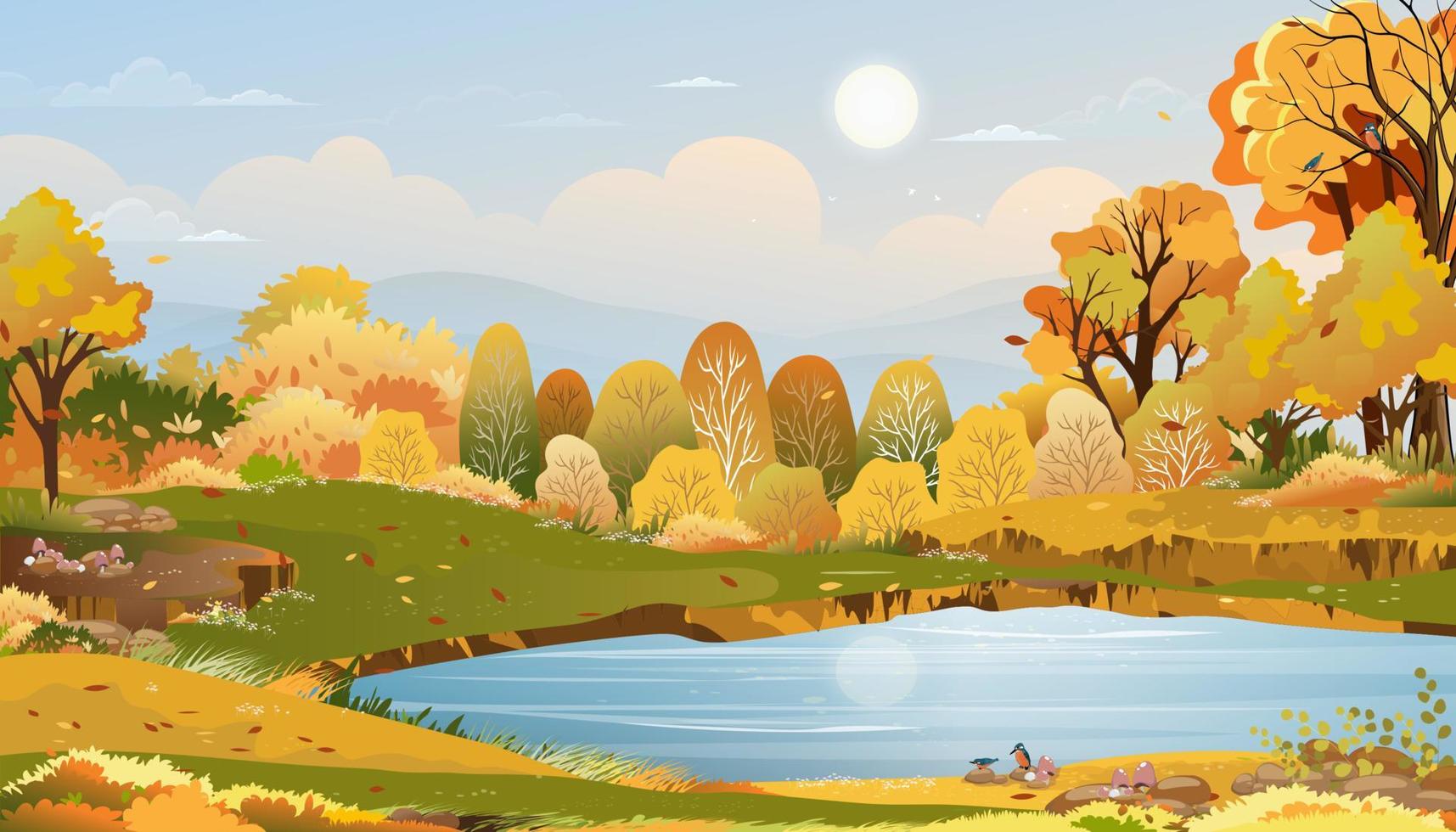Autumn rural landscape in evening light with sunset, blue and pink sky background,Vector Cartoon fall season at countryside with forest tree and grass field with sunrise,Backdrop banner for Autumnal vector