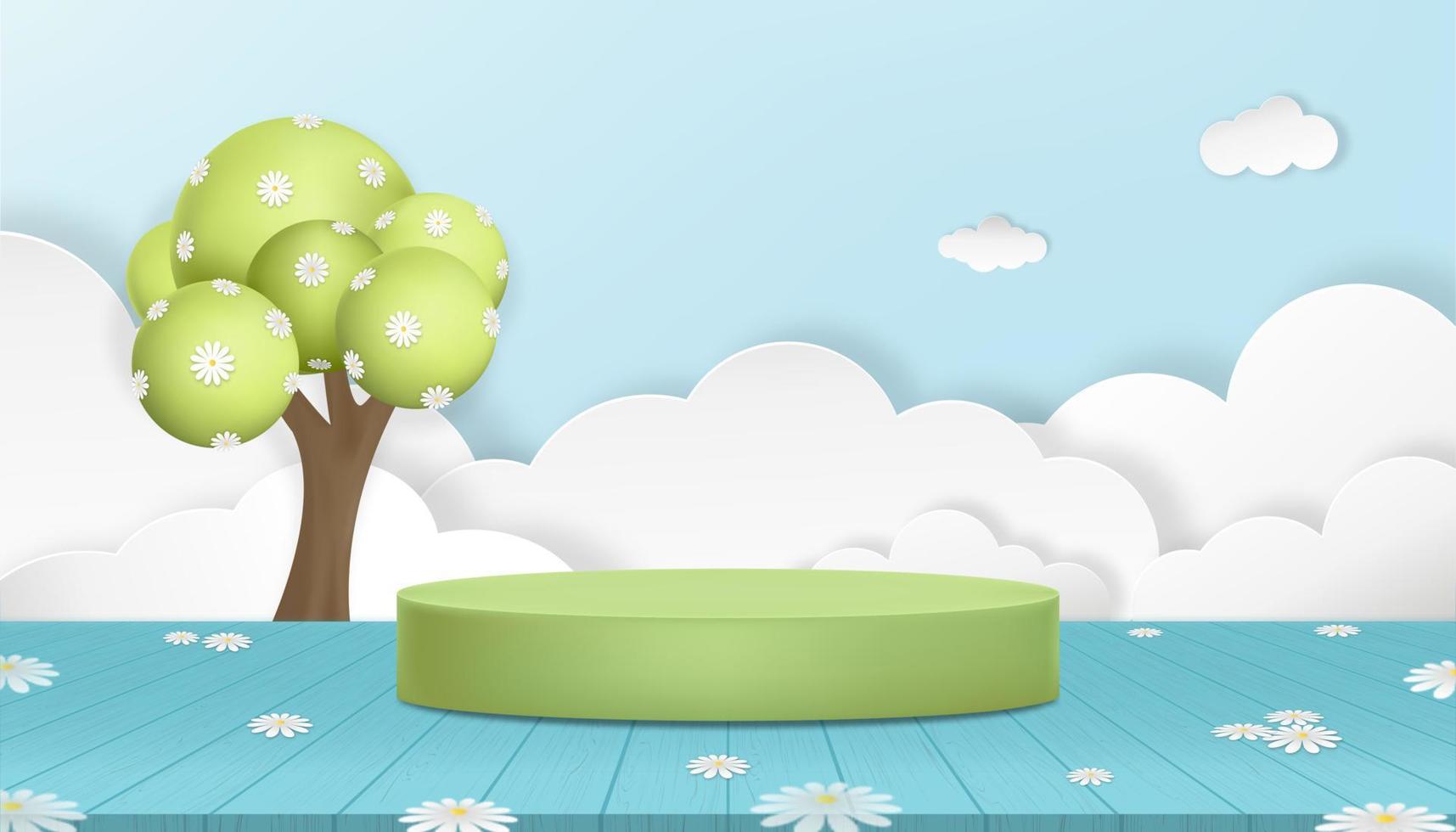 Spring background 3D green cylinder podium, flower bloosom on tree,Paper cut cloud layer on blue sky background,Vector illustration Backdrop banner Natural scene for Easter or Summer sale concept vector