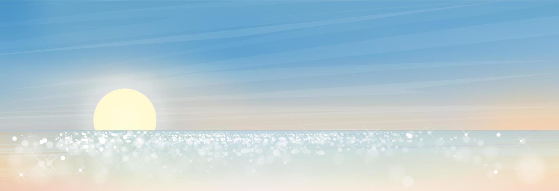 espectacular horizonte matutino en primavera o verano con fondo amarillo, azul claro, caricatura de ilustración vectorial hermosa naturaleza del paisaje junto al mar en invierno por la noche, telón de fondo para la pancarta de vacaciones vector