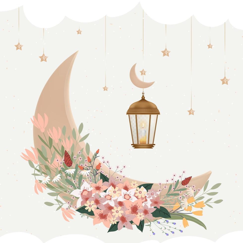 Eid al Adha Mubarak greeting design with Crescent Moon and Star hanging on Arabic lantern, bouquet flower on beige background,Vector card of Religion of Muslim Symbolic for Eid al fitr, Ramadan Kareem vector