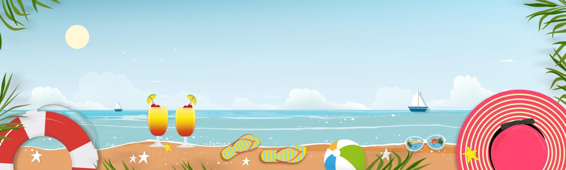 fondo de verano con playa de mar, cielo azul y nubes en un día soleado, tema de vacaciones de vacaciones horizontales vectoriales con paisaje marino de vista al mar y palmera de coco en la frontera vector