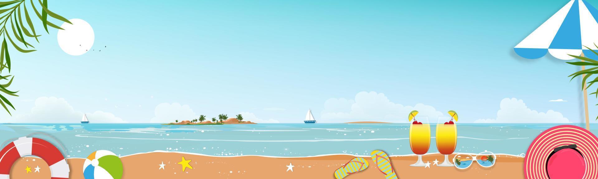 fondo de pared de verano con isla, playa de mar, cielo azul y nubes en un día soleado, tema de vacaciones de fondo de pancarta vectorial con vista al mar y palmera de coco en la frontera vector