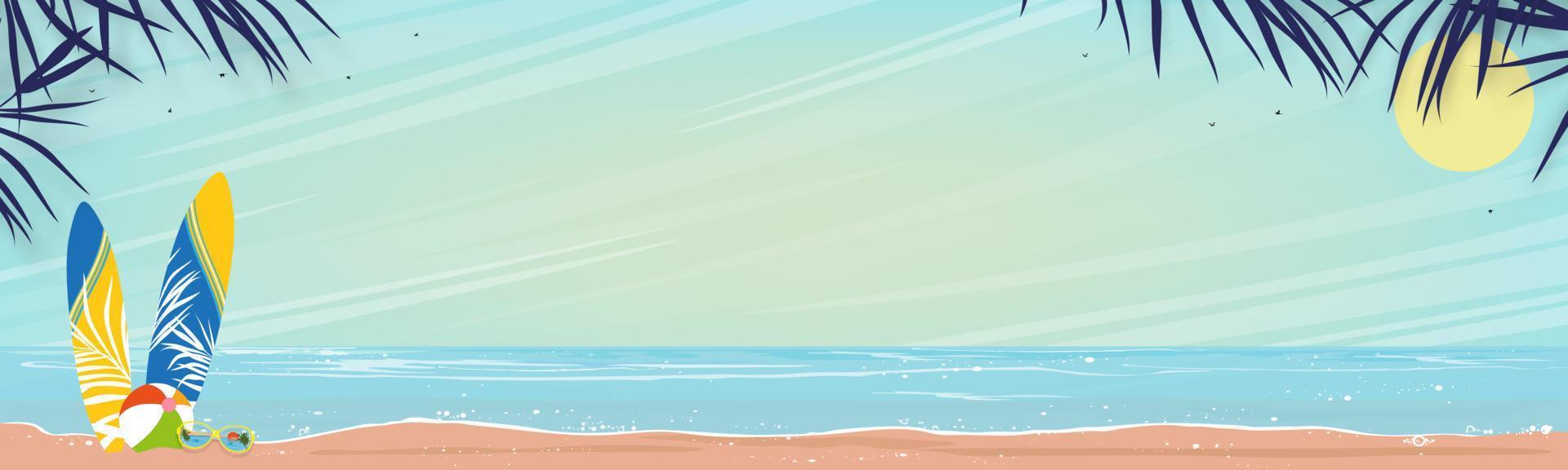 paisaje marino de océano azul y palmera de coco en la isla, playa de mar horizontal, arena con cielo azul y nube esponjosa, ilustración vectorial naturaleza hermosa del paisaje costero para el fondo de las vacaciones de verano vector