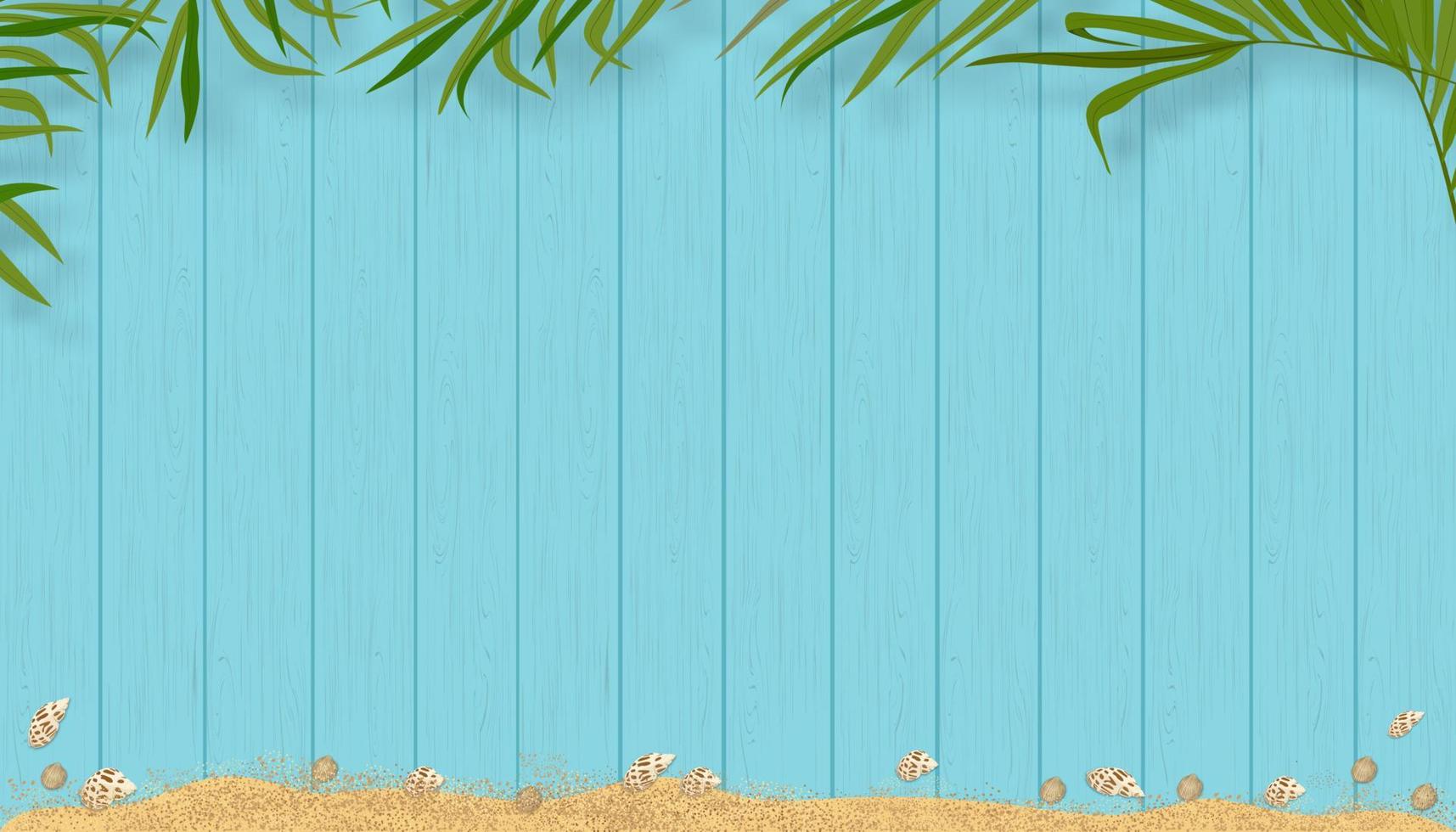 fondo de verano con hoja de palma de coco, conchas marinas y playa de arena sobre fondo de panel de madera azul, banner de horizonte vectorial banner plano con hojas en textura de tablón de madera para la venta de verano vector