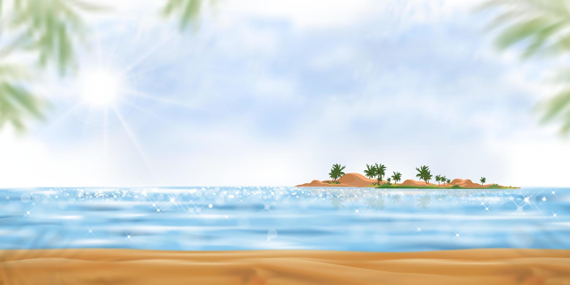 playa tropical con nubes y cielo azul en verano soleado, playa de mar con océano azul, palmera de coco en la isla, playa vectorial con onda de reflexión con fondo de luz solar para las vacaciones de verano vector