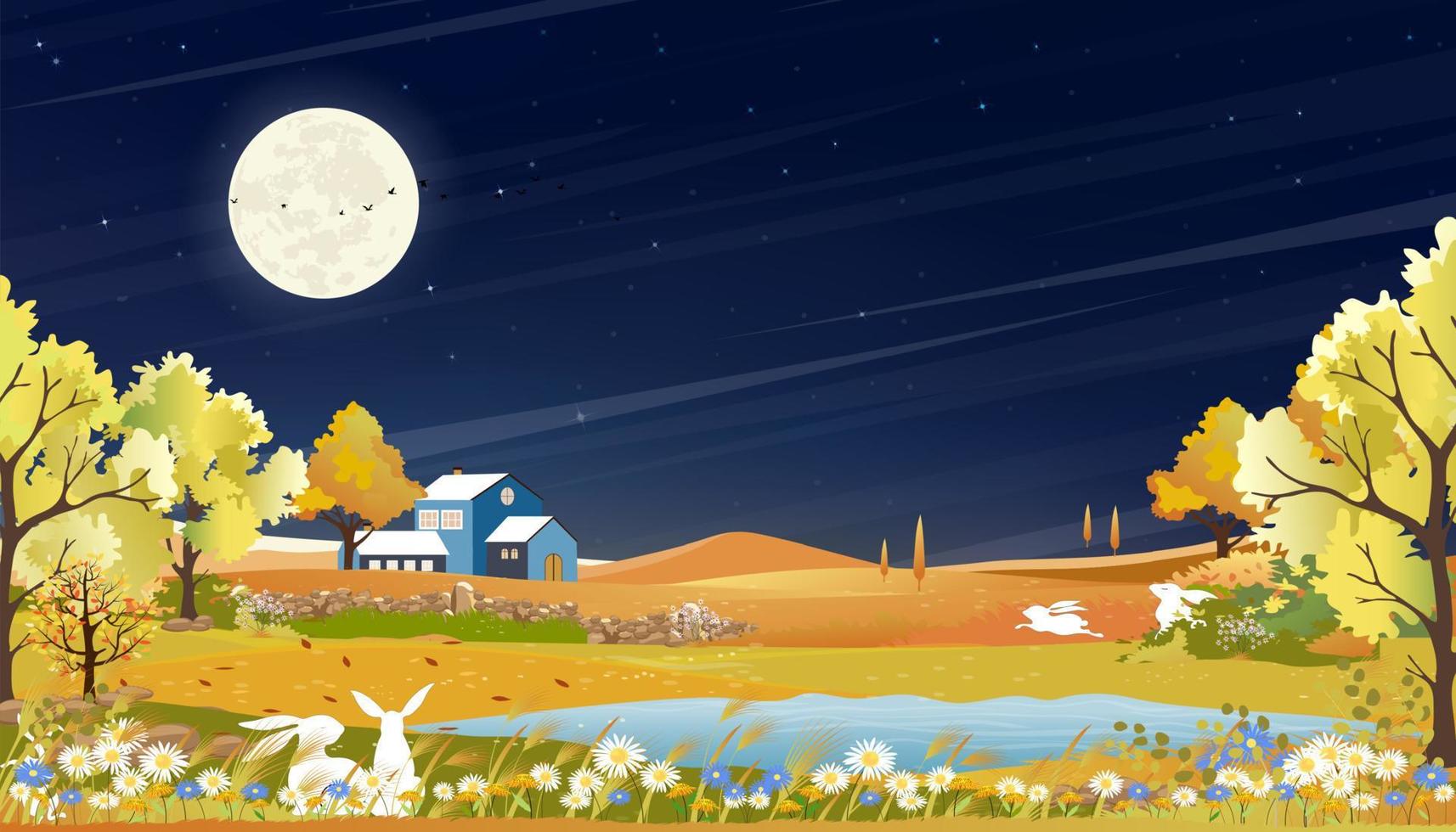 Autumn rural landscape at night with full moon on dark blue sky background,Vector Cartoon fall season at countryside with rabbits playing in forest tree and grass field,Backdrop Mid Autumnal banner vector