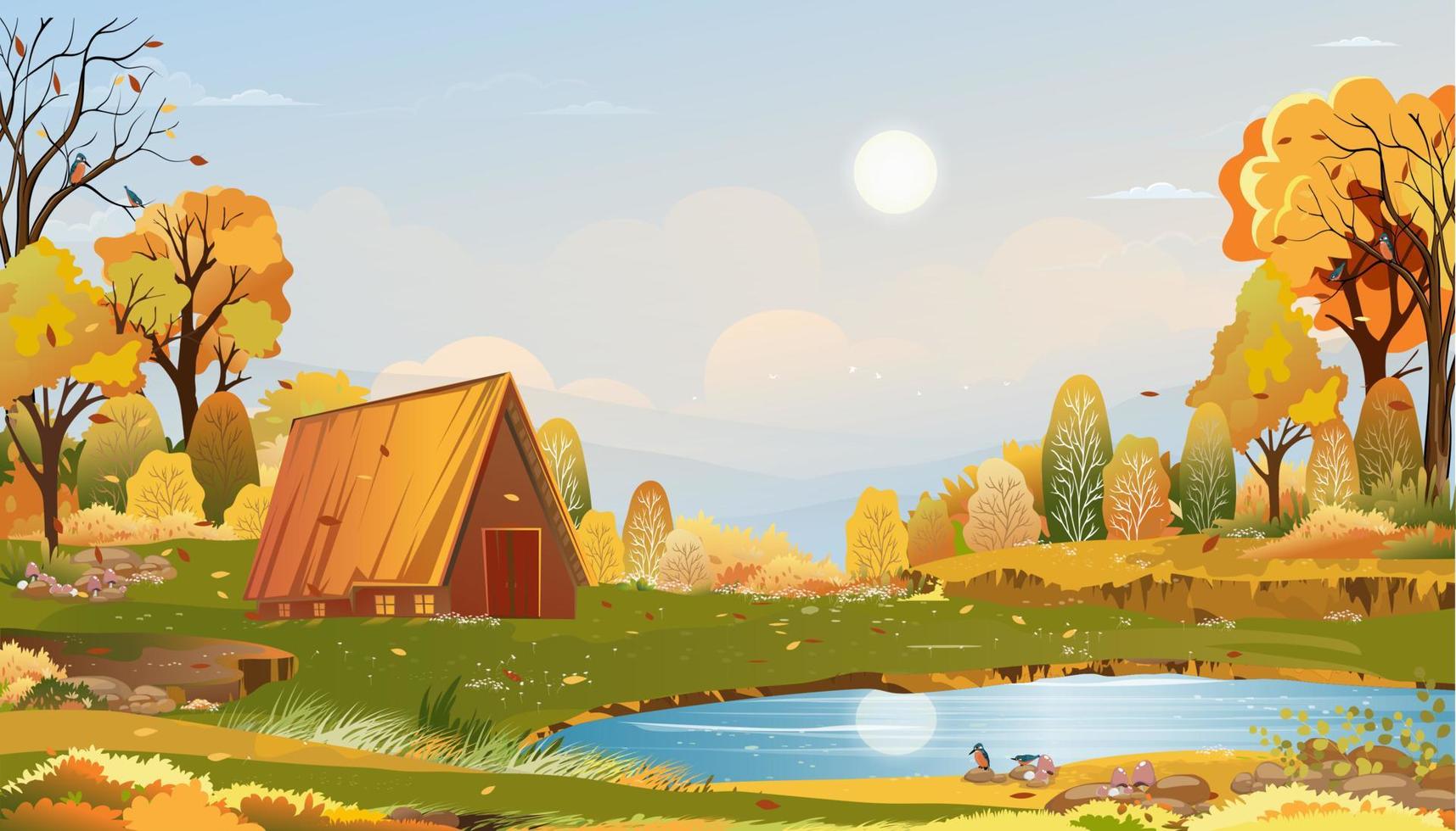 Autumn rural landscape in evening light with sunset, blue and orange sky background,Vector Cartoon fall season at countryside with forest tree and grass field with sunrise,Backdrop natural banner vector