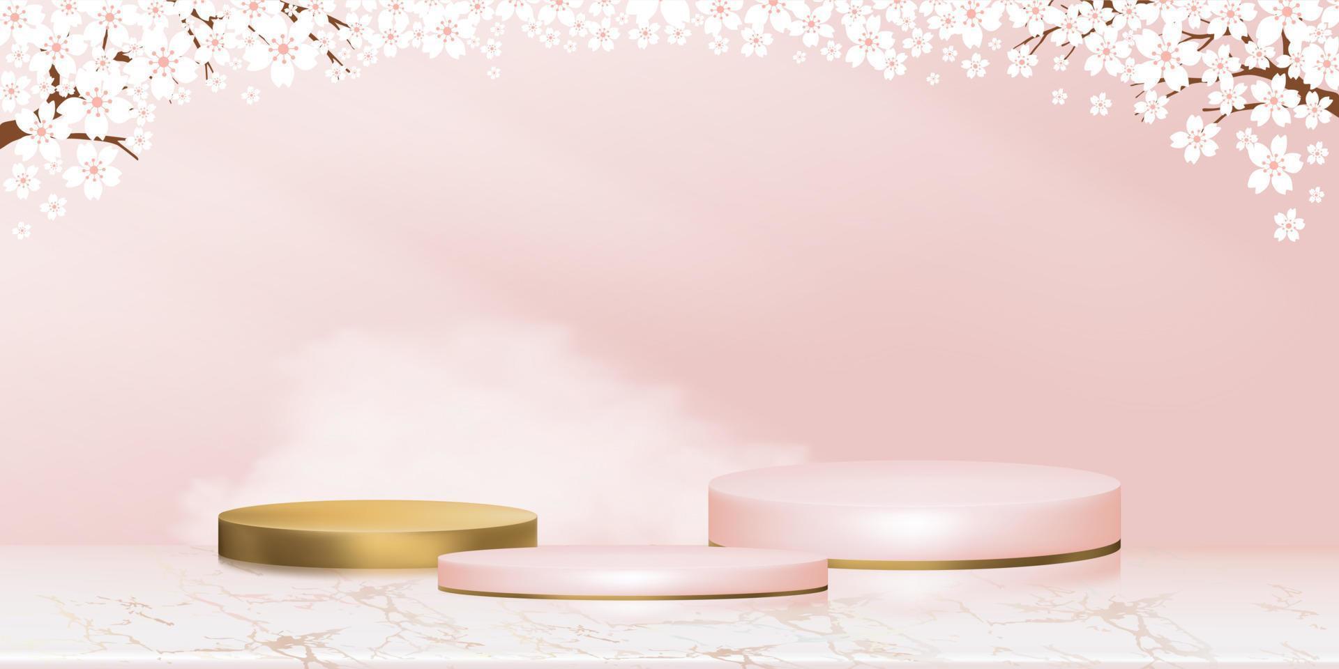 Studio room,Golden Podium with Spring Apple Blossom on Pink Sky background,Vector 3D backdrop banner Cylinder Stand platform on Rose gold foil Marble with Blossoming branches pink sakura vector