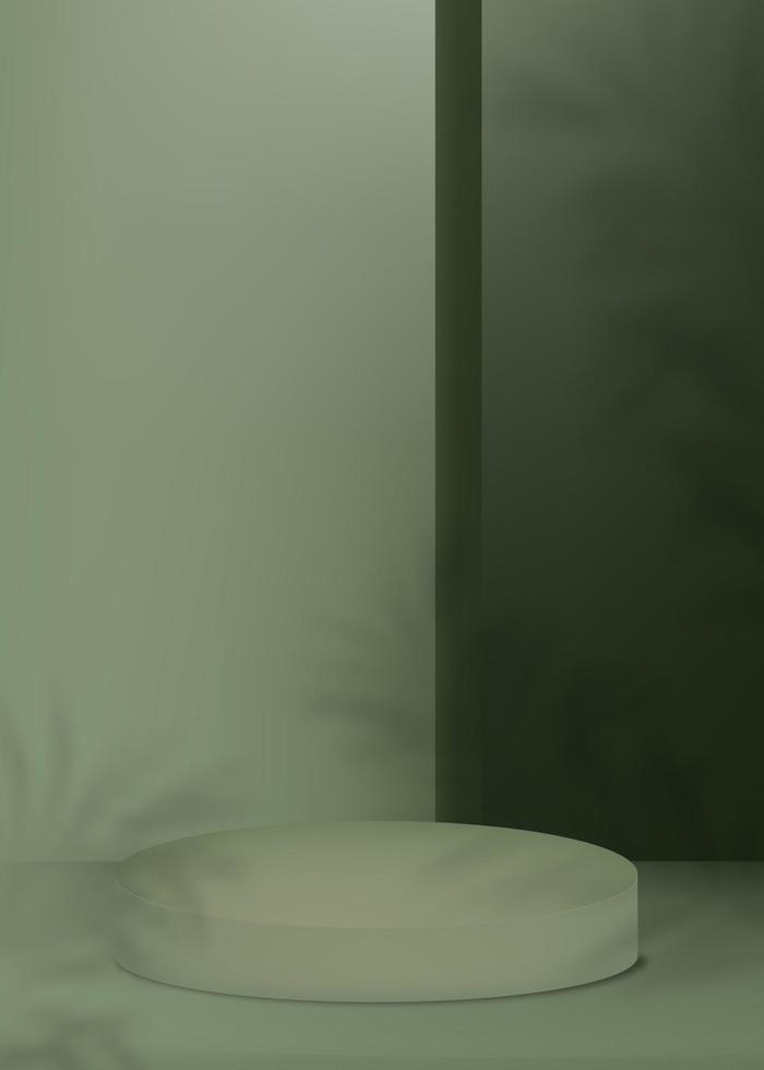 telón de fondo de la sala de estudio con pantalla de podio 3d, sombra de hoja de palma sobre fondo de pared verde, maqueta de cilindro de banner vertical de ilustración vectorial, diseño mínimo para la presentación de productos de primavera y verano vector