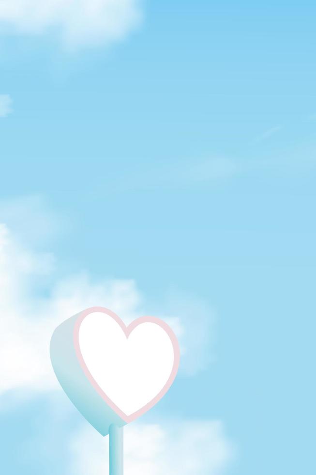 Señal de carretera en forma de corazón de amor 3d sobre cielo azul con fondo de nube esponjosa, banner vertical de ilustración vectorial con maqueta de poste de corazón blanco, telón de fondo de diseño mínimo para tarjeta de San Valentín, pantalla móvil vector