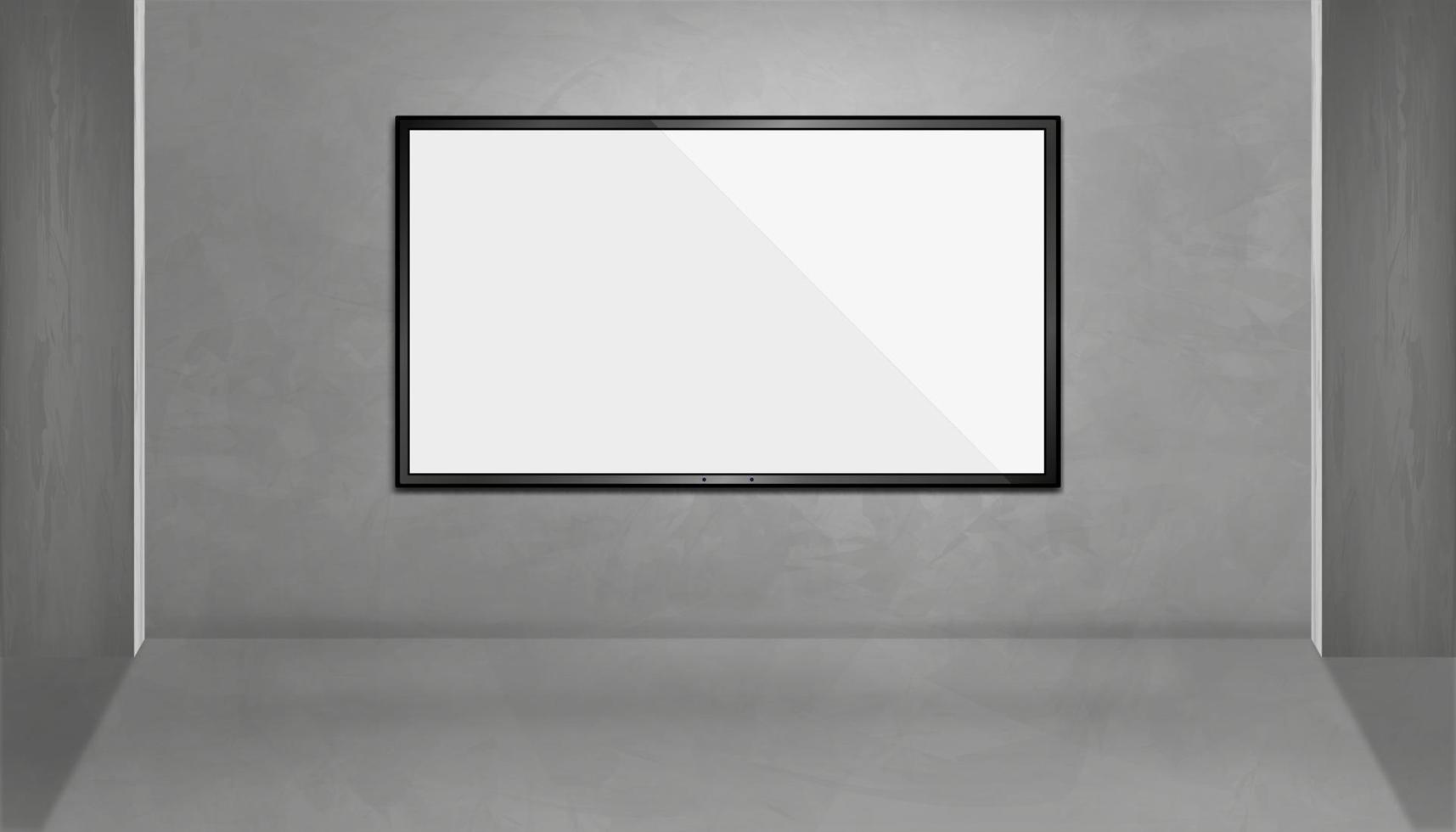 maqueta de televisión led en pared de hormigón gris, sala de estudio moderna con monitor de pantalla plana en blanco de plasma de televisión ancha e iluminación en suelo de cemento gris áspero, diseño de loft interior vectorial vector