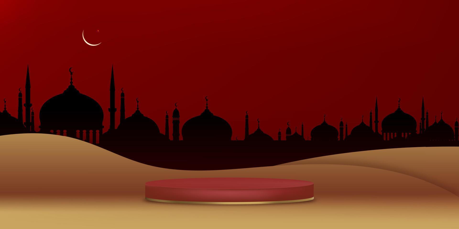 fondo de tarjeta de felicitación de eid mubarak con silueta de mezquita luna creciente y estrella en fondo de pared de corte de papel rojo. telón de fondo vectorial de la religión musulmana simbólico para eid al fitr ramadan kareem vector