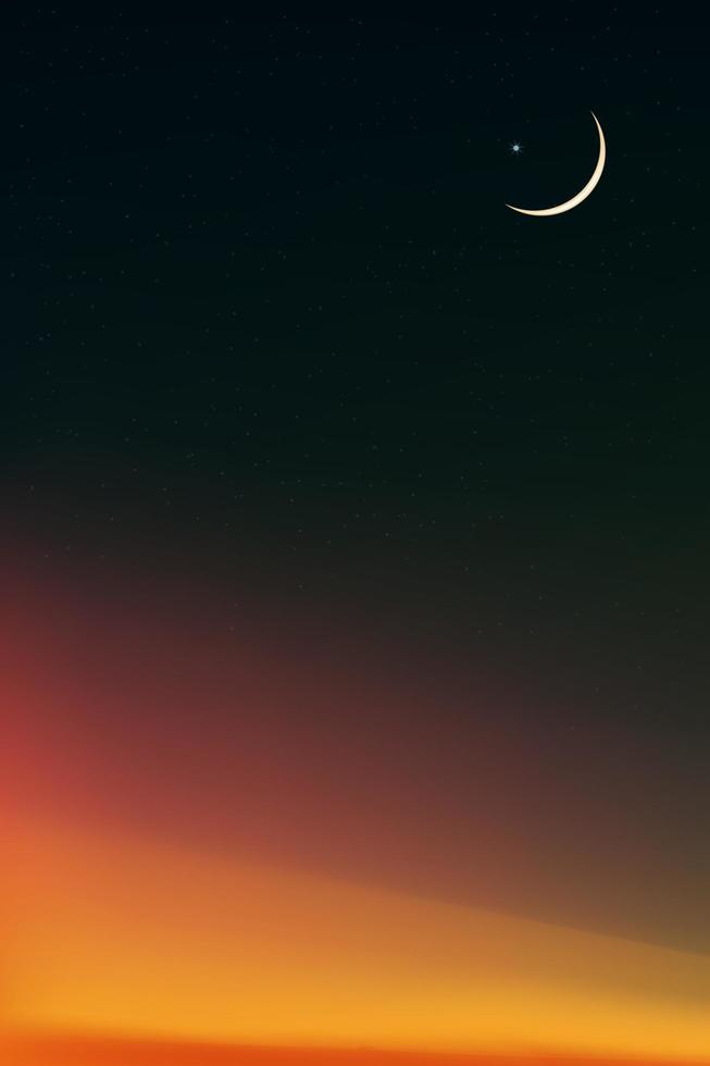 fondo de eid al-fitr con cielo nocturno con luna creciente y estrella, cielo de atardecer dramático vertical en verde oscuro, cielo naranja, religiones vectoriales simbólicas de islámico, musulmán para ramadan kareem, eid mubarak vector