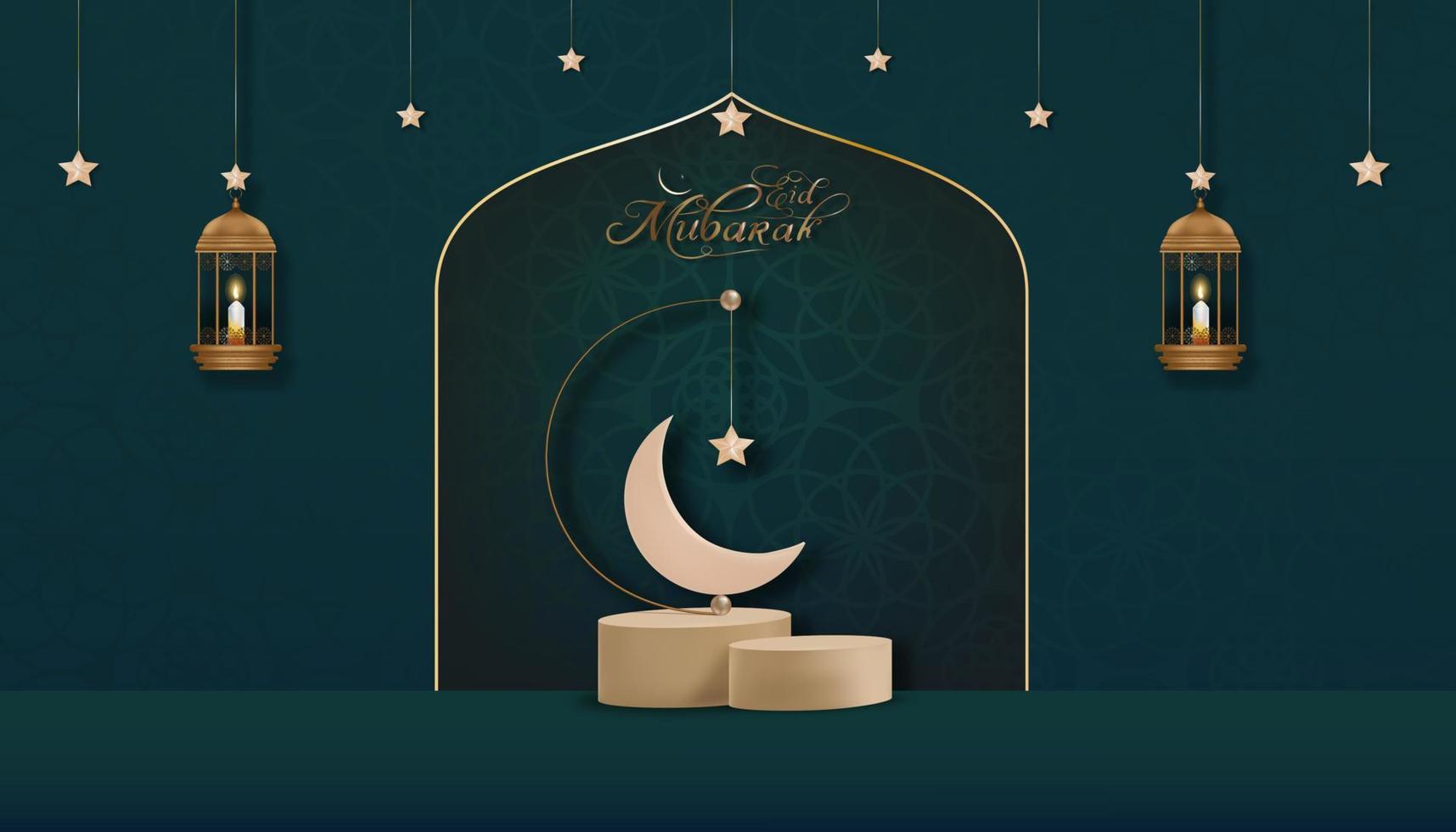 podio islámico con linterna islámica tradicional con luna creciente, estrella colgando sobre fondo verde, telón de fondo vectorial de la religión musulmana simbólica, eid al fitr, ramadan kareem, eid al adha, eid mubarak vector