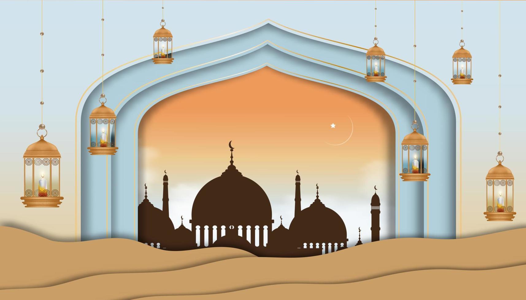 ventana de la mezquita de fondo de eid mubarak con linterna islámica y velas colgadas en el fondo de la pared, ilustración vectorial para religiones islámicas cortadas en papel, ramadan kareem, eid al fitr, eid al adha, feliz muharram vector