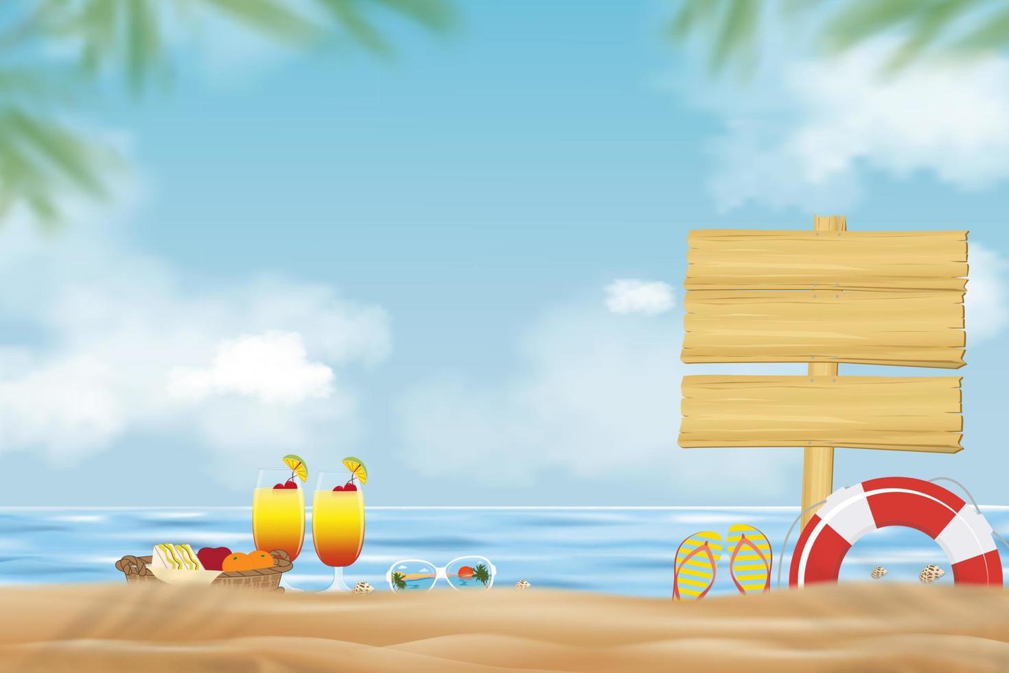 Summer holiday background with blue ocean, could, sky and wooden signboard on beach sand with blurry palm leaf. Vector banner tropical seaside on with picnic, food, cocktail, sunglass, sandal on sand
