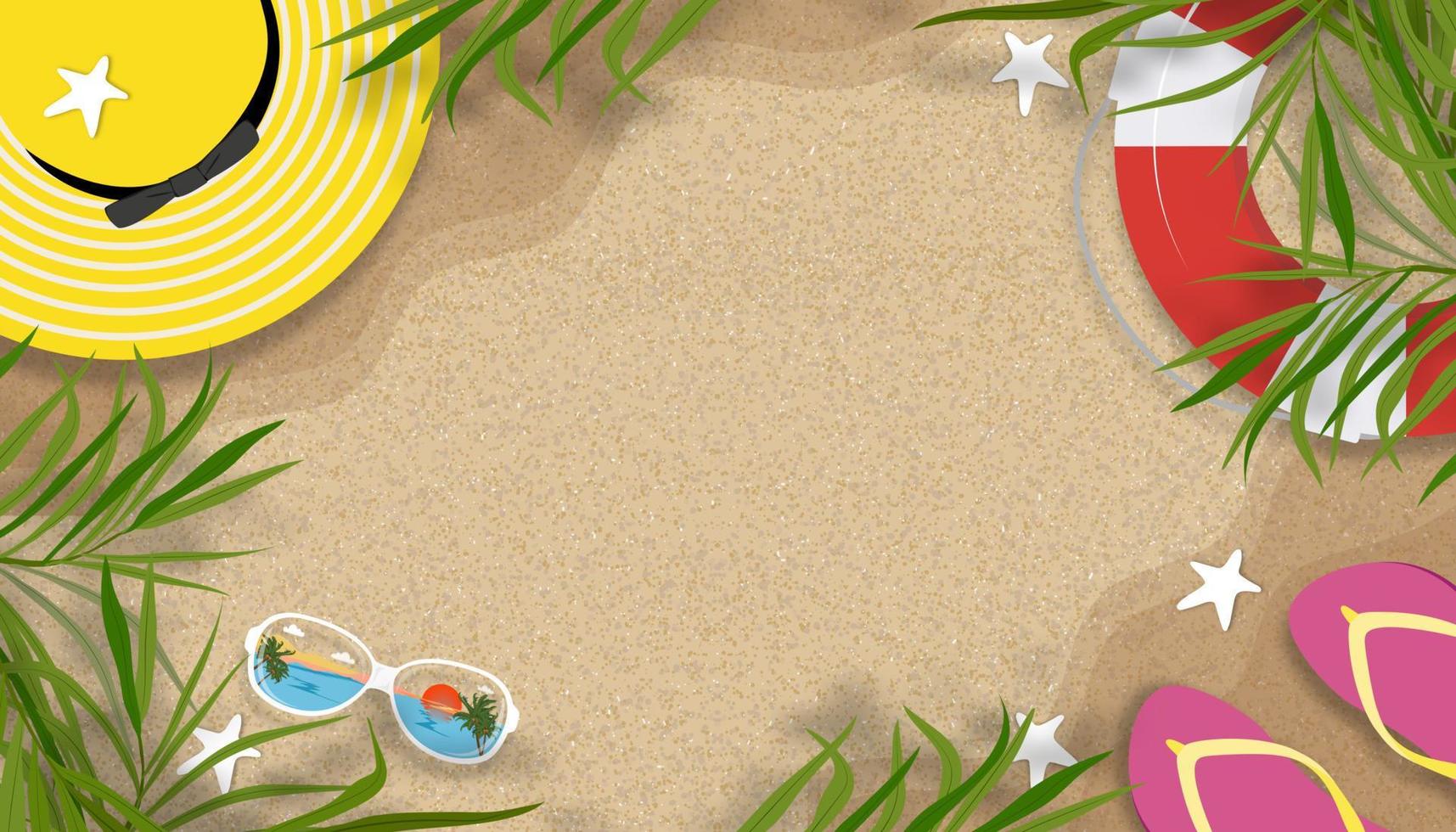 fondo de verano con tema de vacaciones de vacaciones en la playa con espacio de copia en la playa de arena, banner de horizonte vectorial diseño de verano tropical cortado en papel plano con borde de hojas de palma de coco en la playa vector