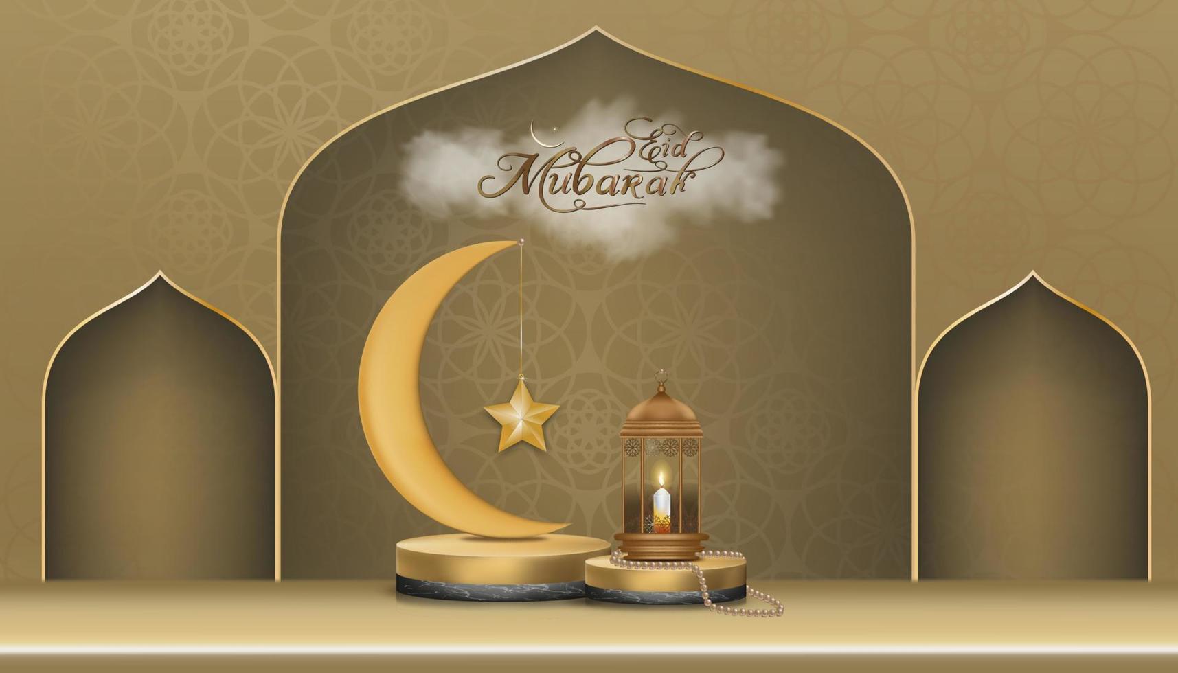 diseño de saludo de eid al adha mubarak con luna creciente y estrella colgando en el podio 3d sobre fondo dorado. telón de fondo vectorial de la religión musulmana simbólica para eid al fitr, ramadan kareem vector