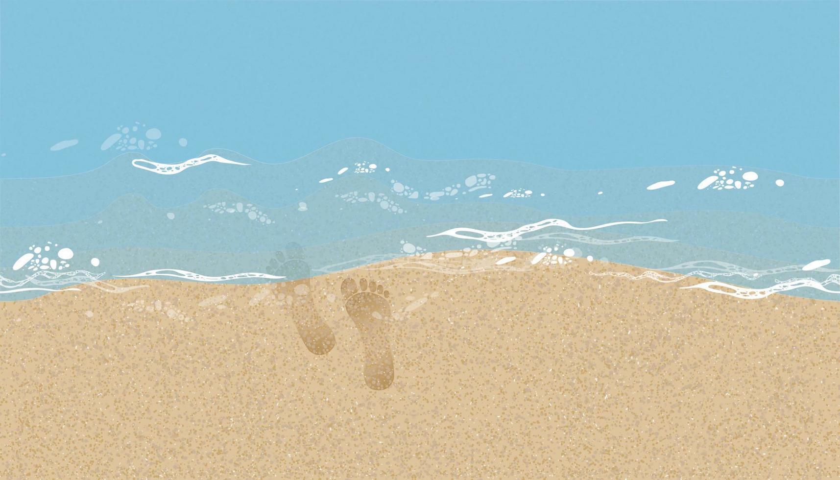 arena de playa de patrones sin fisuras con fondo de agua azul marino, huellas de pies humanos en la textura de la arena.ilustración vectorial telón de fondo duna de arena de playa marrón con descalzo en la ola del mar para la pancarta de verano vector