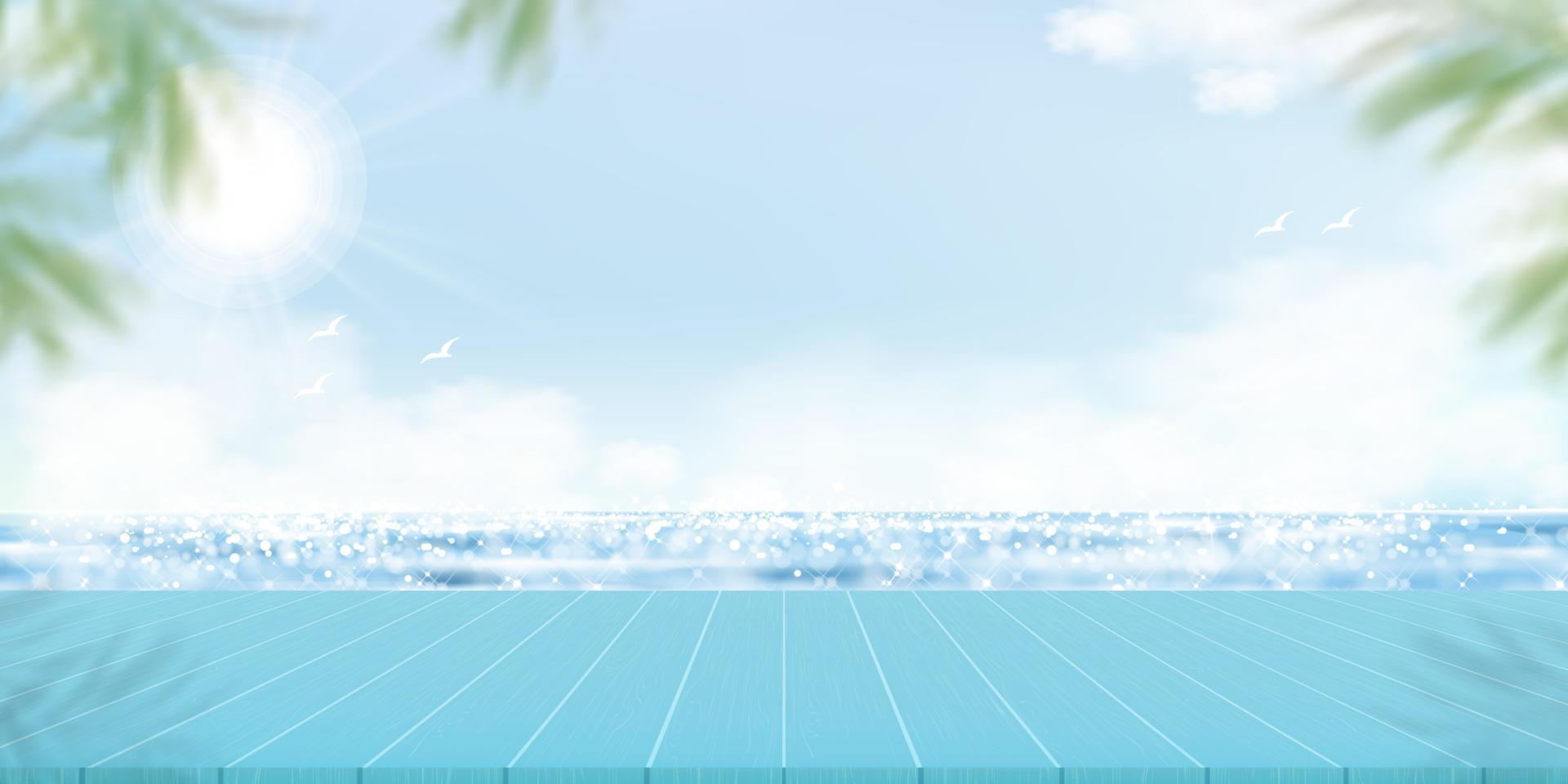Summer background seascape with top of wood table, Sea, cloud on Sky,Horizon natural blue ocean with reflection of morning light and blurry coconut palm leaves on border,Vector  banner Promotion,Sale vector