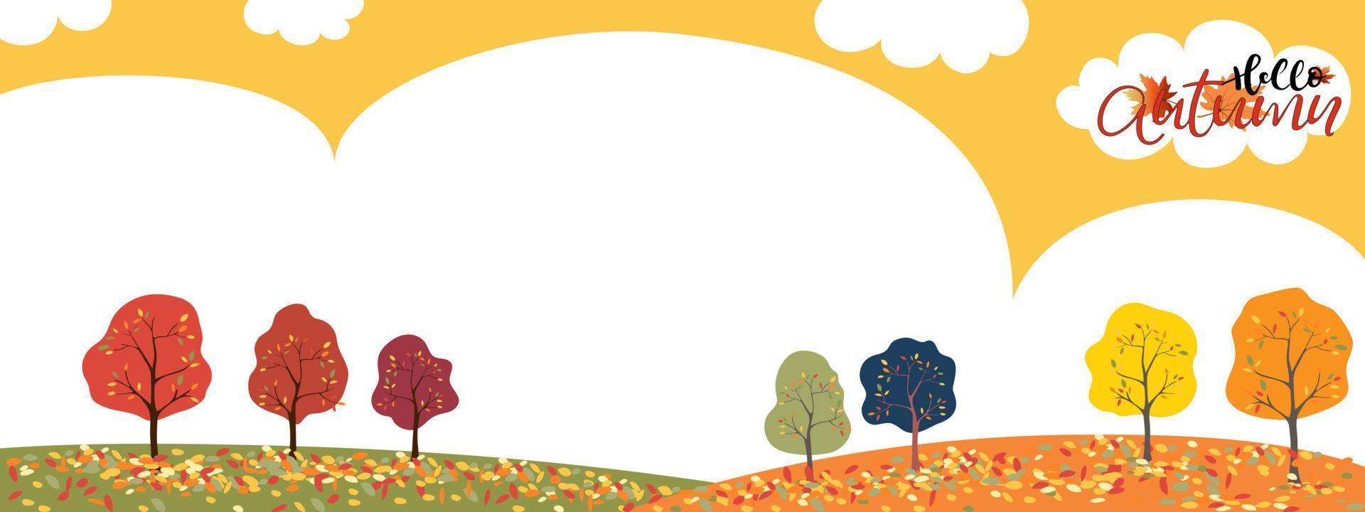 conjunto de banner de fondo de temporada de otoño de árbol con hojas multicolores cayendo sobre el suelo, banner de fondo de ilustración vecyor hola otoño con árboles de bosque coloridos sobre fondo amarillo vector