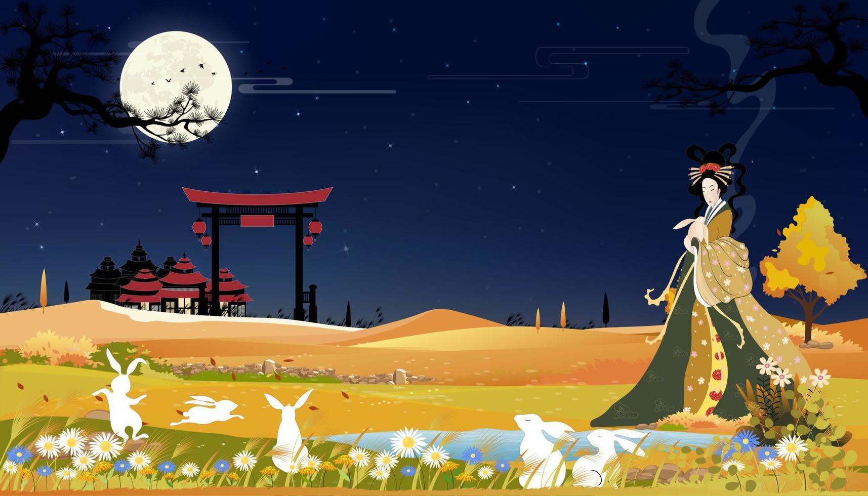 Mid Autumn Festival banner with beautiful Chang e holding jade rabbits with full moon at night, Vector illustration cartoon mid autumn festival with Chinese Goddess of Moon and white rabbits