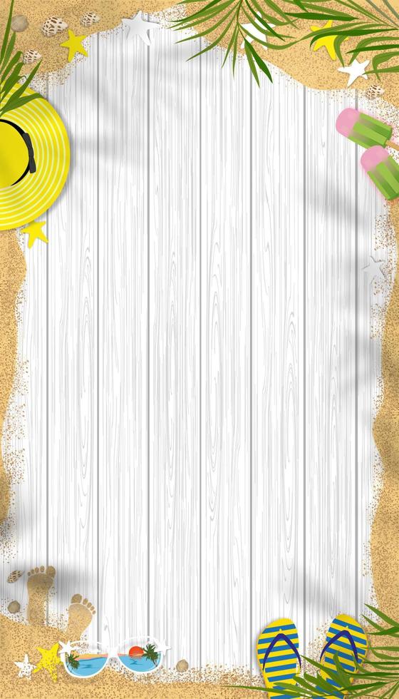 fondo de verano con tema de vacaciones en la playa con espacio de copia en panel de madera blanca, banner vertical vectorial diseño de verano tropical plano con hojas de palma de coco, arena en tablón de madera texturizado vector