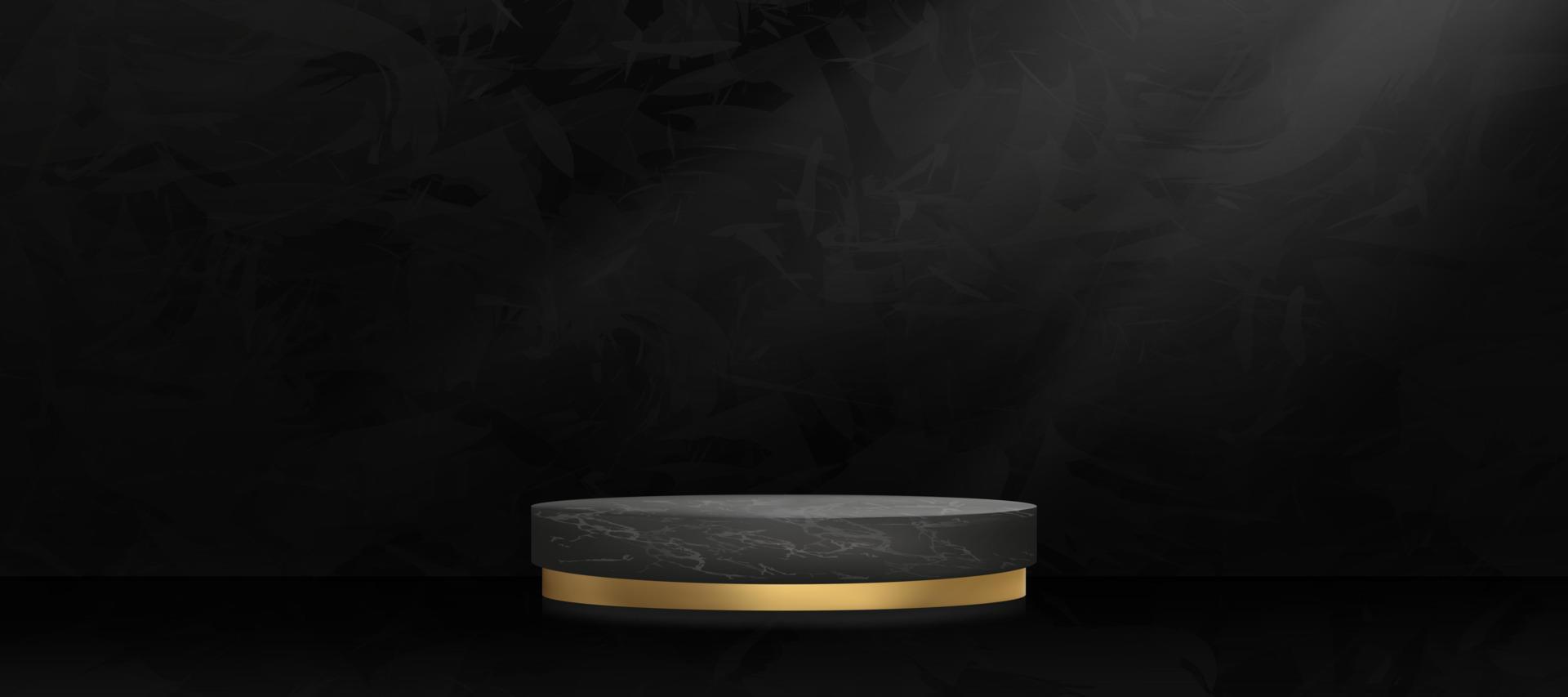 Studio room with 3D podium black marble and golden on dark cement wall textured background,Vector minimal mockup wide banner loft design backdrop,Empty Gallery room in black concrete surface vector