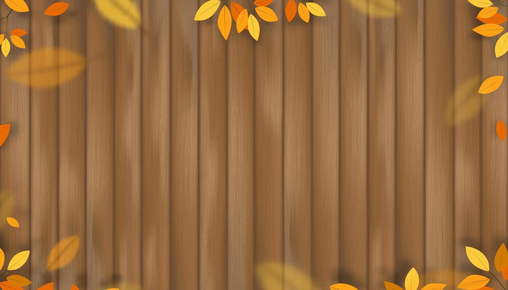 Autumn leaf on wood background,Vector illustration natural wild leaves twigs climbing on brown fence plank.Fall backdrop banner with Wooden board panel with branches orange and yellow leaves border vector