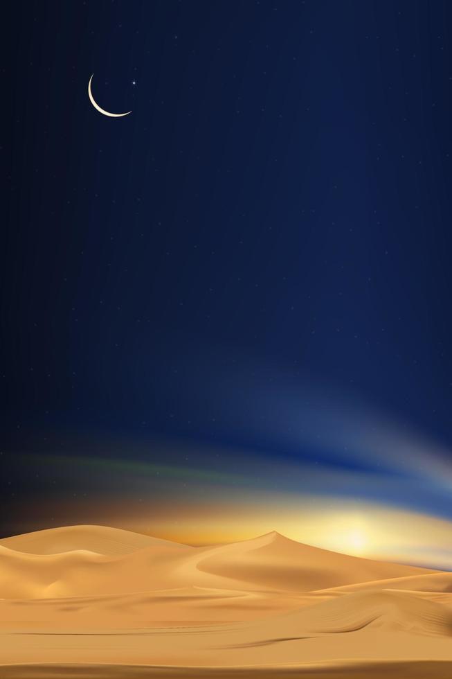 fondo de diseño de tarjeta islámica o ramadán kareem con dunas de arena del paisaje del desierto, luna creciente y estrella en la noche oscura, religiones vectoriales simbólicas del islam o musulmán para eid mubarak, eid al fitr vector