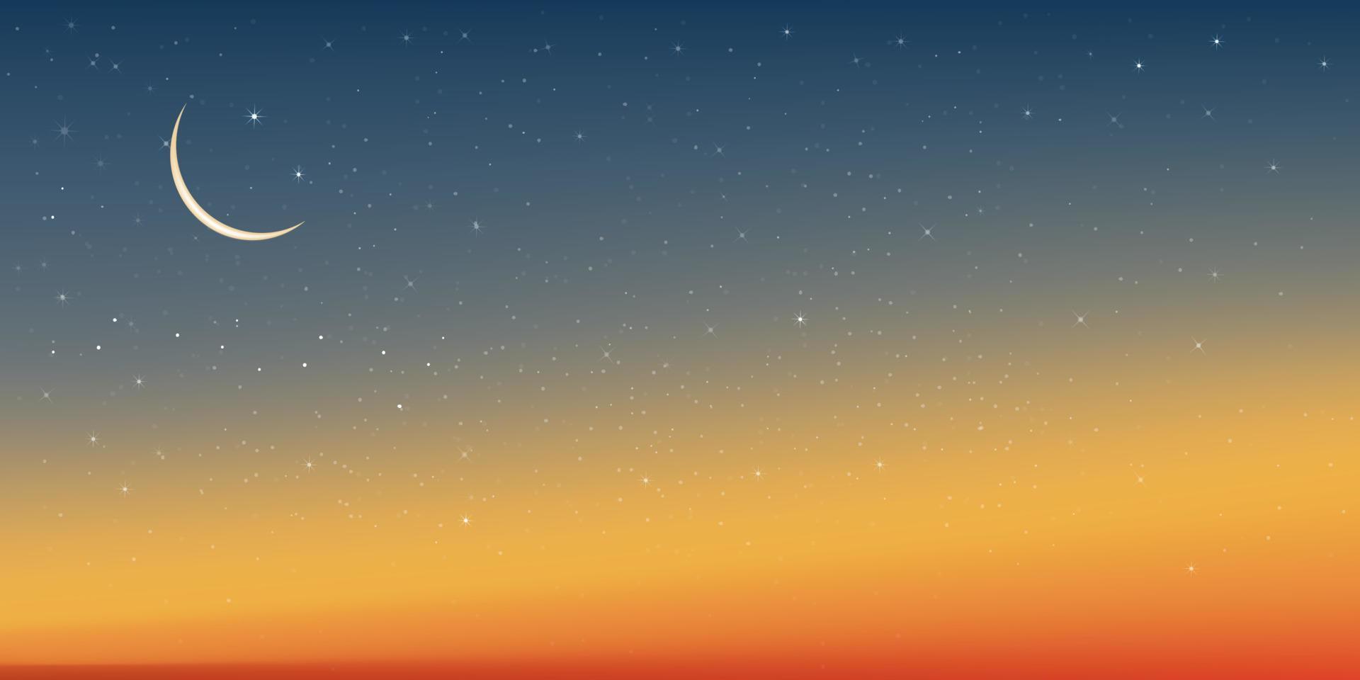 Saludo islámico ramadan kareem diseño de tarjeta de fondo con luna creciente en el fondo del cielo del atardecer, vía láctea vectorial con estrella, hermosa puesta de sol, religiones simbólicas de islámica, musulmana para eid mubarak vector