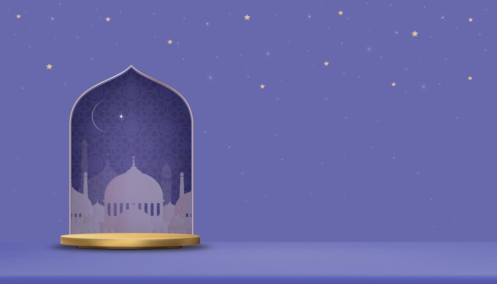 podio dorado islámico 3d con ventana de mezquita, luna creciente y estrella sobre fondo morado, bandera de fondo vectorial de la religión musulmana simbólica, eid ul fitr, ramadan kareem, eid al adha, eid mubarak vector