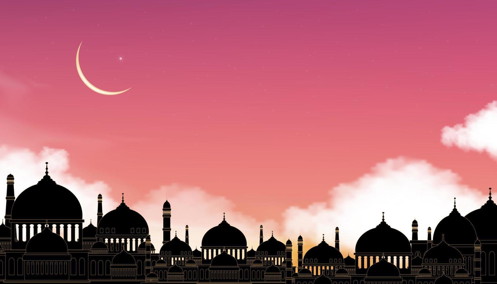 Eid Mubarak card, Silhouette Dome Mosques at night with crescent moon with Pink sky,Vector banner background for Islamic religions ,Eid al-Adha, Eid al-fitr, Happy muharram, Islamic new year vector