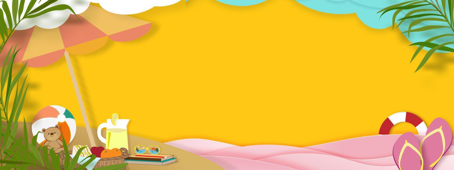 fondo de verano con tema de vacaciones en la playa con capa de onda rosa y espacio de copia, corte de papel de vista superior vectorial de diseño de verano tropical, hojas de palma y nubes sobre fondo de cielo azul vector