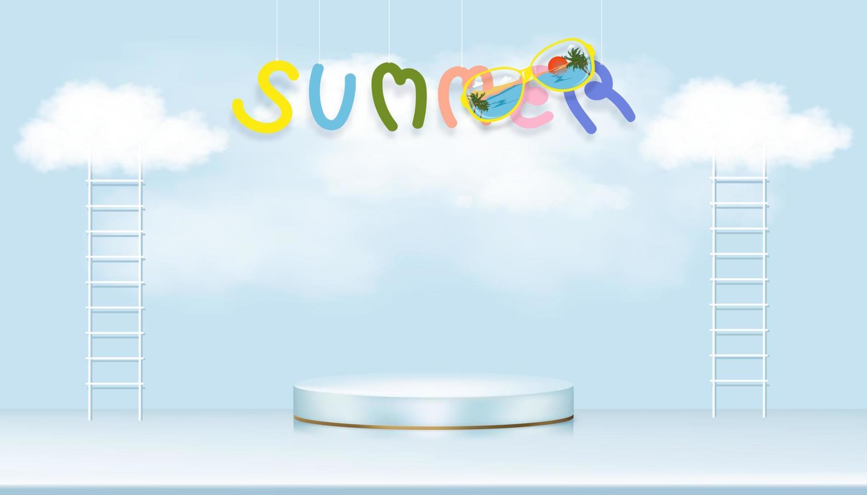 sala de estudio con podio y escalera con una nube esponjosa flotando en el fondo del cielo azul, ilustración vectorial diseño mínimo de fondo 3d con maqueta de escaparate para la presentación de vacaciones de verano vector