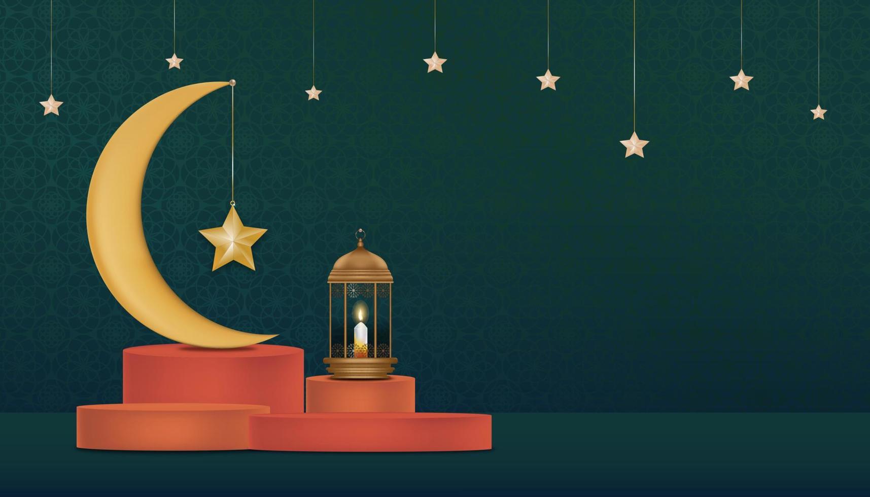 Islamic Podium with Traditional lantern with Crescent moon,Star hanging on green background, Vector Backdrop of Religion of Muslim Symbolic,Eid ul fitr, Ramadan Kareem,Eid al Adha,Eid Mubarak